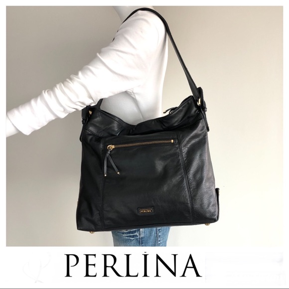 Perlina Handbags - Final Sale! PERLINA Black Leather Gold Hardware  Side Buckle Accent Shoulder Bag